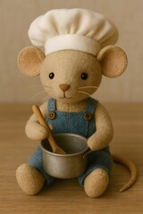 Niedliche Stoffmaus mit Kochm&uuml;tze und Latzhose, die einen kleinen Topf und einen Holzl&ouml;ffel h&auml;lt. Detailreiche Figur im warmen, weichen Look &ndash; ideal f&uuml;r Themen wie Kochen, K&uuml;che,Spielzeug und Kindheit