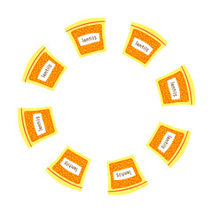 Round wreath with cute flat red lentils in packs isolated on white background.