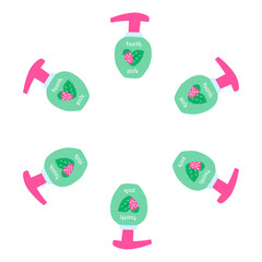 Cute round frame with flat toothpaste in bottles with dispensers isolated on white background. Dental oral care.