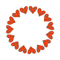 Cute round frame with doodle Valentine hearts, moon and stars isolated on white background.