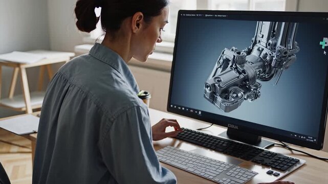 woman at workstation studies mechanical engine model on large monitor, cad interface visible with wireframe