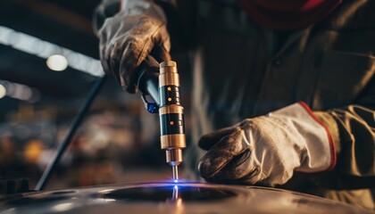A close-up shot of a welder's gloved hands skillfully operating a welding torch, creating a bright blue spark and molten metal on a large surface in an industrial setting.