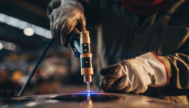 A close-up shot of a welder's gloved hands skillfully operating a welding torch, creating a bright blue spark and molten metal on a large surface in an industrial setting.