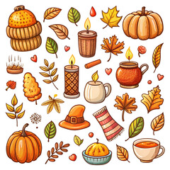 Cozy Autumn Icons: A delightful collection of hand-drawn fall-themed icons. on a isolated white background. PNG