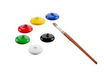 Classic kidney-shaped artist's palette of light wood with natural grain, showcasing vibrant blobs of red, yellow, blue, green, black, white paint, and a paintbrush, on a transparent background with