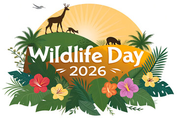 Celebrate Wildlife Day 2026 with tropical blooms, animal silhouettes, and sunrise hues—honoring biodiversity, nature’s beauty, and global conservation efforts. generative ai