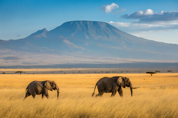 Two elephants roam golden plains beneath Mount Kilimanjaro’s snowy peak—celebrating African wildlife, majestic landscapes, and nature’s enduring beauty. generative ai