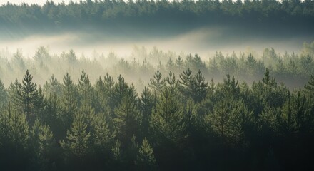 Mystical forest landscape shrouded in mist pine trees on a foggy morning