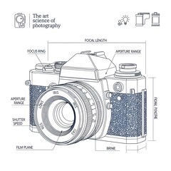 Vintage Camera Blueprint Vector Illustration Isolated on White Background 