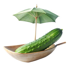 Cucumber Boat with Paper Parasol under Sunlight on a isolated white background. PNG
