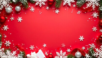 Marco decorativo navideño festivo dispuesto en vista superior plana (flat lay). Incluye delicados copos de nieve blancos, fondo rojo intenso y adornos navideños rojos colocados.