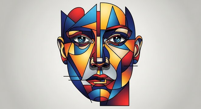 A vibrant, abstract portrait of a human face rendered in a colorful, geometric, and cubist style against a plain background.