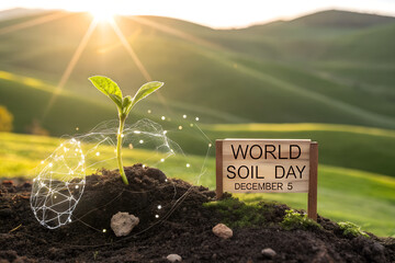 Celebrate World Soil Day on December 5 with a vibrant sprout, digital roots, and sunlit hills—honoring soil health, sustainability, and tech-driven conservation. generative ai
