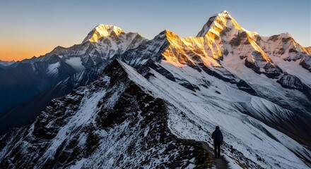 Person walking on snowy mountain ridge with golden sunlight hitting the mountain peaks at sunset