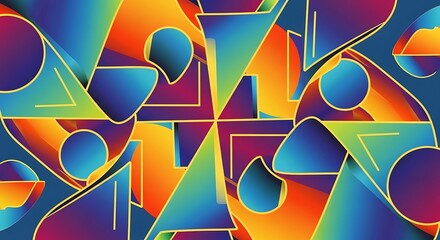 Abstract geometric artwork featuring a kaleidoscope of colorful shapes, including triangles, circles, and squares.