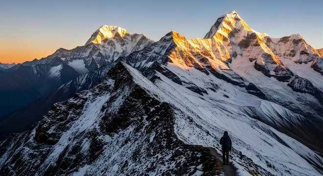 Person walking on snowy mountain ridge with golden sunlight hitting the mountain peaks at sunset - Powered by Adobe