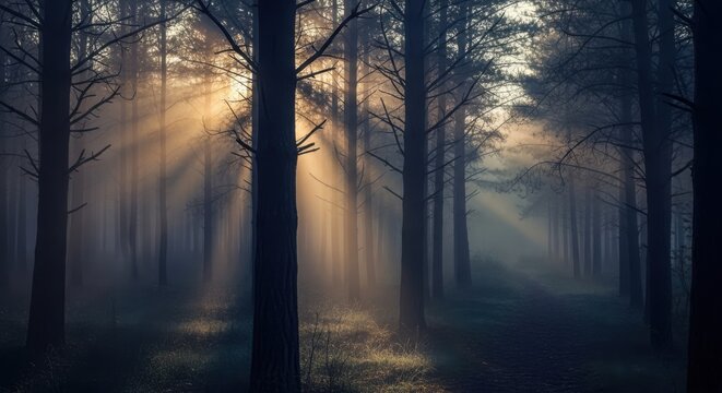 Mystical forest scene with sun rays shining through tall trees nature landscape