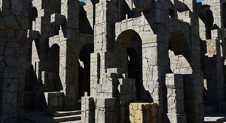 Complex stone structure resembling ancient ruins or a labyrinth with strong shadows and multiple arches under a bright sky.