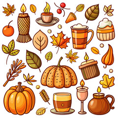 Cozy Autumn Icons: A delightful collection of hand-drawn fall-themed icons. on a isolated white background. PNG