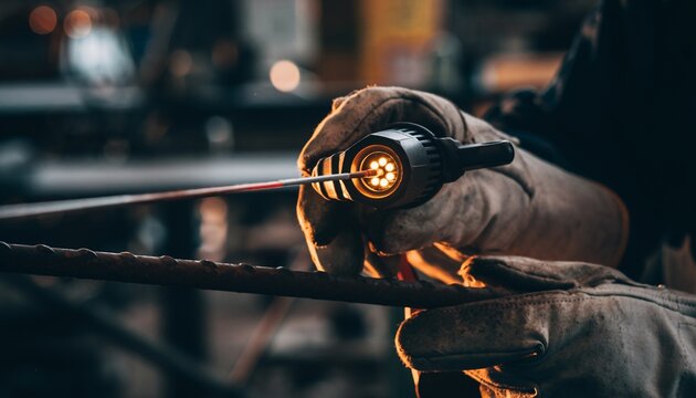 A gloved hand holding a tool that is heating and shaping a metal rod, showcasing a precise industrial process.