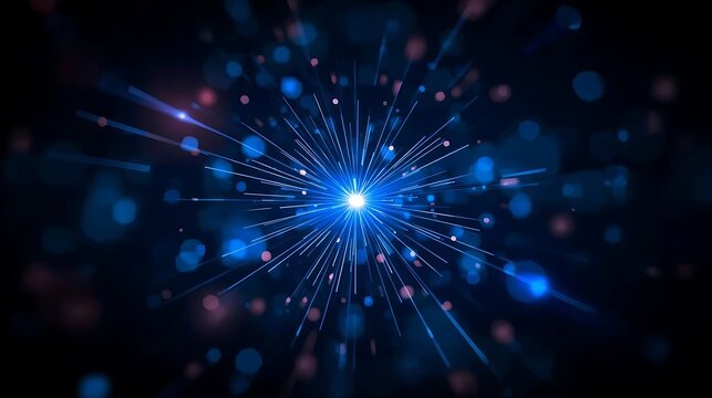 Abstract glowing blue energy burst with light trails and bokeh