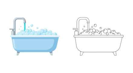 Bathtub with running water and bubbles colored and outline illustration