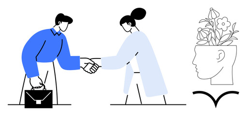 Two individuals engaging in a handshake, highlighting teamwork and professionalism. A side profile of a head with flowers emerging represents growth and innovative thinking. Ideal for collaboration