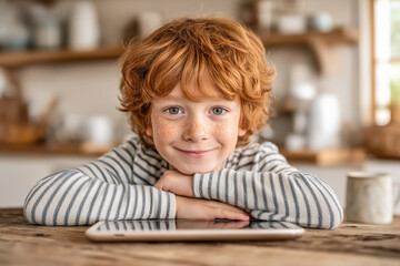 Funny smiling redhead kid with freckles sitting at kitchen table with tablet PC.