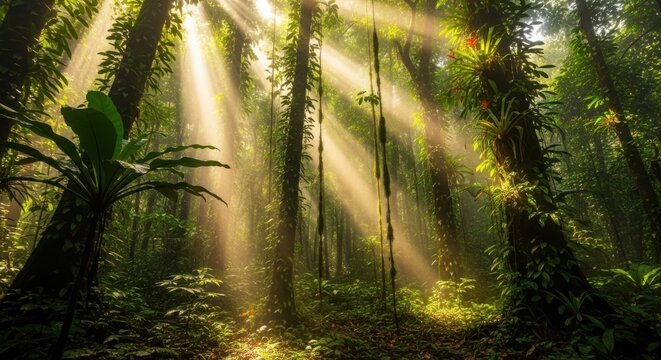 Mystical Sunlight Streams Through Lush Green Rainforest Canopy creating an ethereal scene