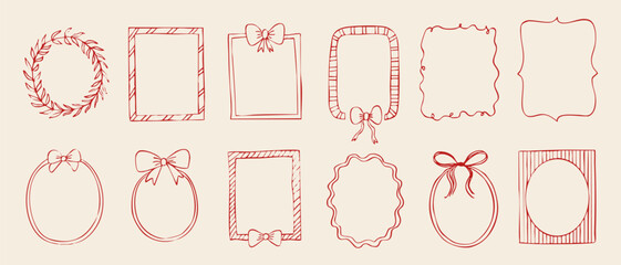 Fototapeta premium Set of red hand drawn frames and wreaths with ribbons and bows. Decorative minimal line art on beige background, perfect for Christmas cards and holiday designs