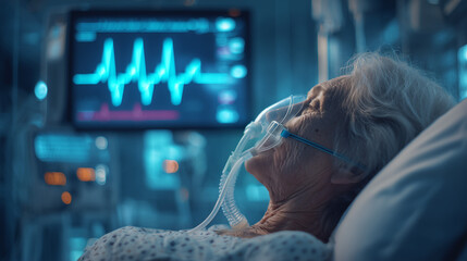 Caring for an elderly patient in a hospital room with monitoring equipment and supportive care measures in place Generative AI