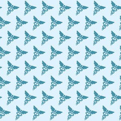 Seamless medical caduceus symbol pattern in blue tones for healthcare design projects