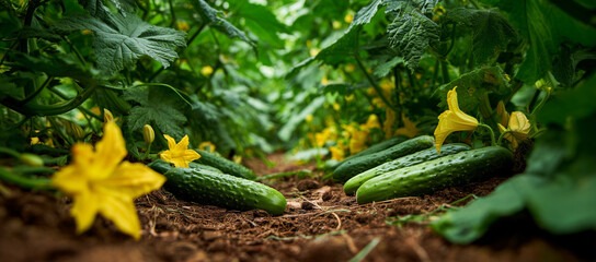 Cucumbers growing among yellow flowers in a lush garden during the summer season Generative AI