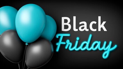 Black Friday banner with teal and black balloons on dark background, bold promotional design symbolizing discount event, shopping deals and seasonal sale excitement