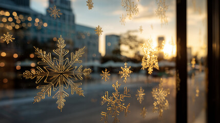 Snowflakes decorate a window as the sun sets behind a city skyline during winter in the late afternoon hours Generative AI