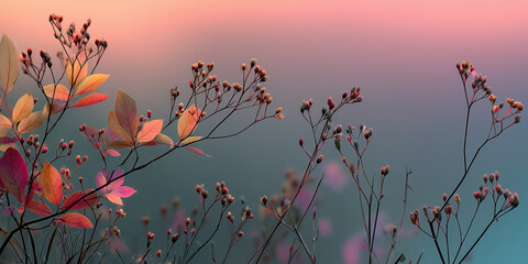 Sunset-tinted leaves and buds against a warm gradient sky. Elegant botanical background for beauty and lifestyle design.