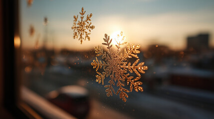 Winter sunlight shines through snowflakes on a frosty window in a cozy setting during the late afternoon hours Generative AI
