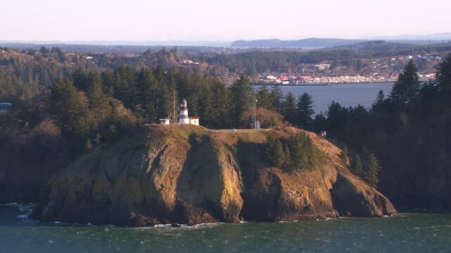 Aerial view of Cape Disappointment Light on Cape Disappointment near the mouth of the Columbia River in the U.S. state of Washington.