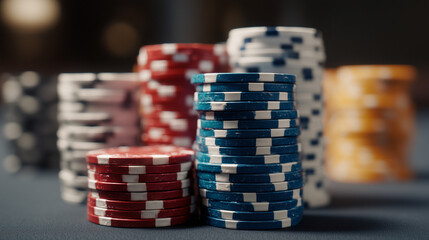 Stacked betting chips in various colors on a casino table during an evening gaming session Generative AI