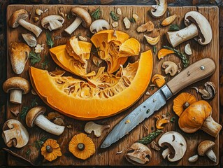 Pumpkin pieces on a wooden board with a knife, mushrooms, and veggies. Ready for a delicious vegetarian meal. Shot from above.
