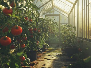 Red and juicy tomatoes grow in a greenhouse during the summer.
