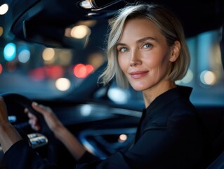 Close-up portrait of an attractive woman focused on driving a modern car at dusk or night. Emphasizes technology, automotive focus, and the driver experience.