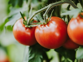 Red and juicy tomatoes grow in a greenhouse during the summer.

