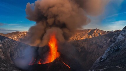 A spectacular display of raw natural power as a volcano erupts, spewing a brilliant fountain of molten lava and a massive plume of dark ash