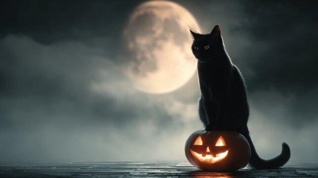 Black Cat on Glowing Jack-o'-Lantern with Moonlit Foggy Background - Powered by Adobe