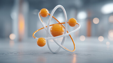 Science model of an atom with orange particles and white structure creating visual representation in a modern setting Generative AI