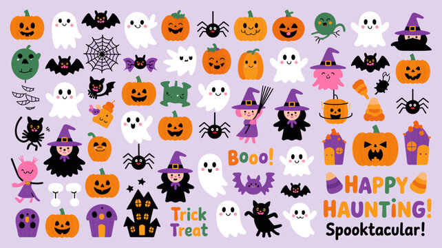 Cute Halloween vector set with pumpkins ghosts bats spiders and witches flat design illustration for holiday decoration isolated on a purple background