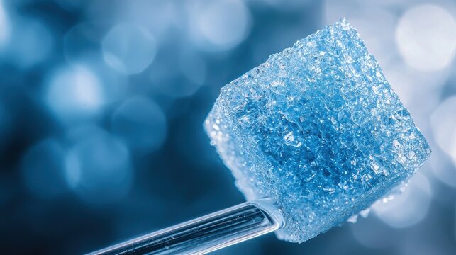 Blue aerogel cube balanced glass rod showcasing remarkable lightness transparency ultra-light material properties crystalline structure ethereal weightless characteristics