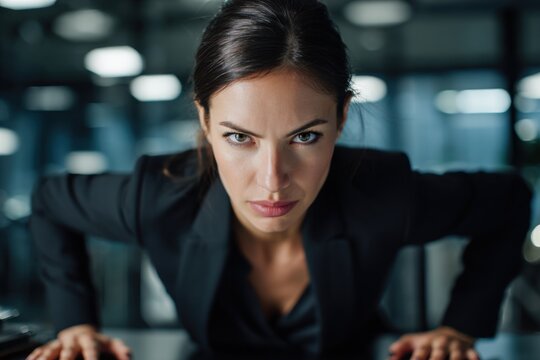 A determined businesswoman leans forward intensely over a conference table in an office setting. This image conveys a strong sense of challenge, focus, competition, and uncompromising resolve.