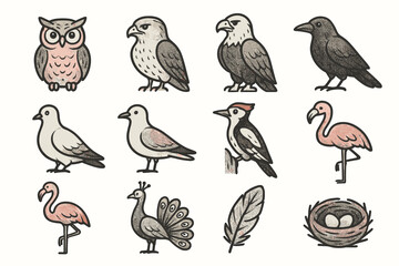 Obraz premium Hawk peacock flamingo seagull owl feather eagle bird icon dove collection vector